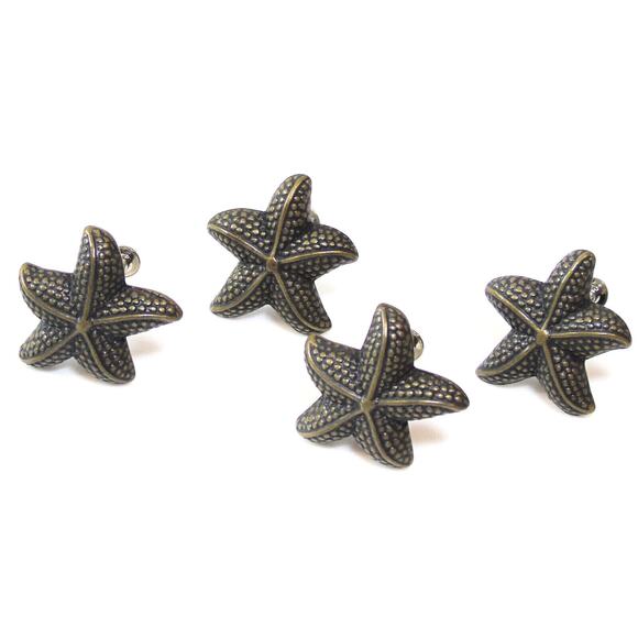 Antique Bronze Drawer Pull Knob Set 4 Beach Starfish Sea Star Nautical w/ Screws - Picture 4 of 4